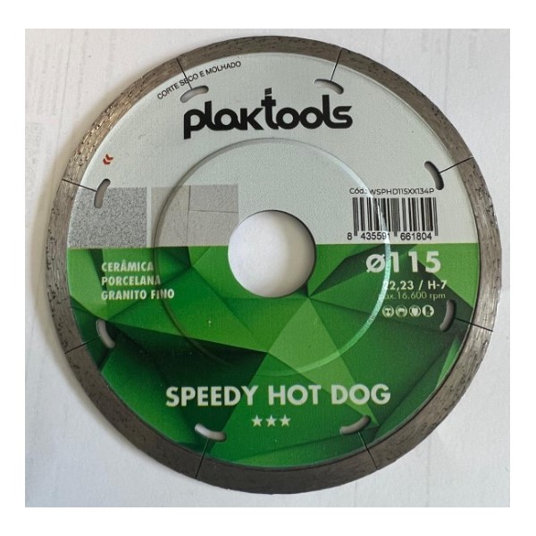 Disco Diam. Speedy Hot Dog Cerâmica 115mm Pastilha H7mm Plaktools