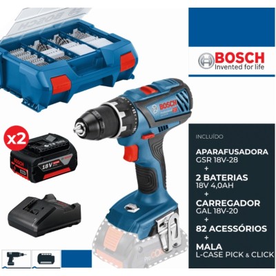 Aparaf. Bosch GSR 18V-28 C/2 Bat. 4,0ah + Carregador + Mala c/ 82 Acessórios