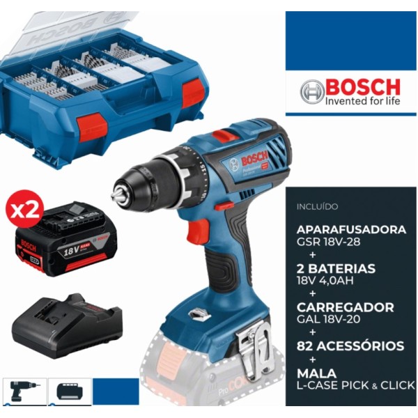 Aparaf. Bosch GSR 18V-28 C/2 Bat. 4,0ah + Carregador + Mala c/ 82 Acessórios